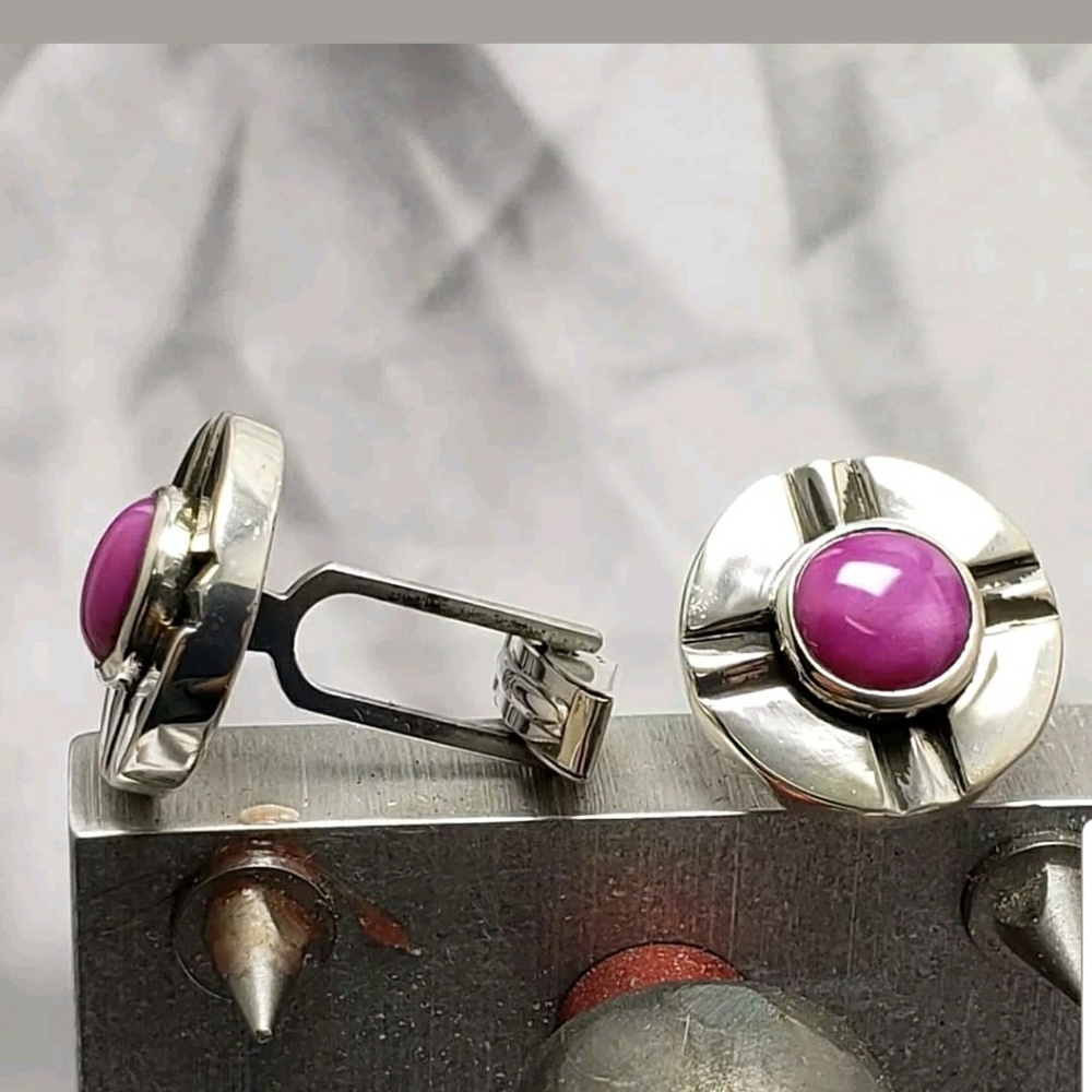 Sterling silver cufflinks, star ruby ,bezel set - Picture 2 of 5